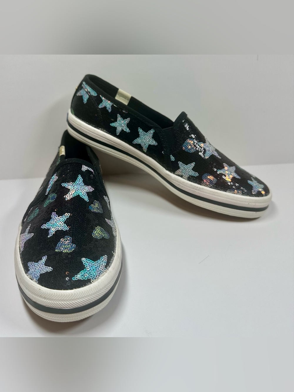 New Kate Spade X Keds Double Decker Slip-On Sneakers Black Stars Hearts 6
